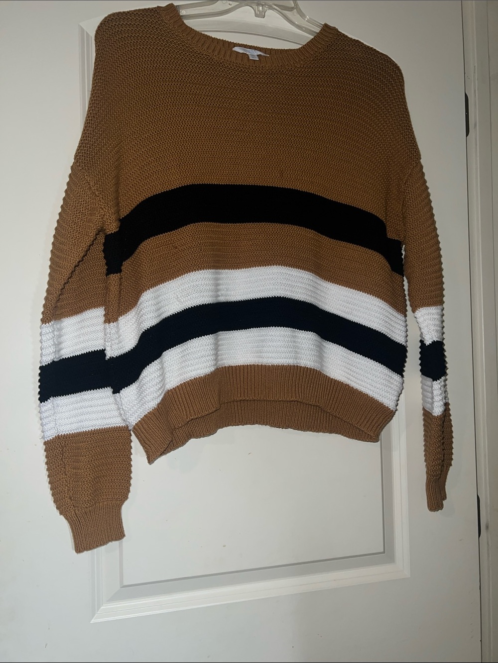 Time and Tru Striped Crewneck Sweater in Camel, Black & White